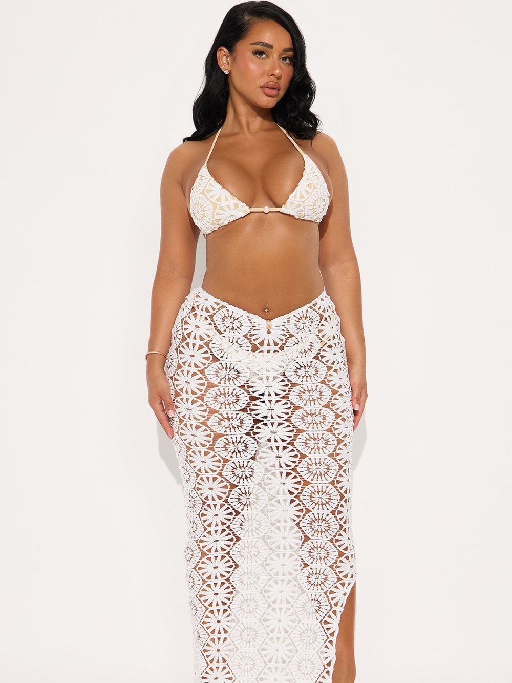Fashion Nova White Crochet Triangle Bikini Top & Maxi Cover-Up Skirt